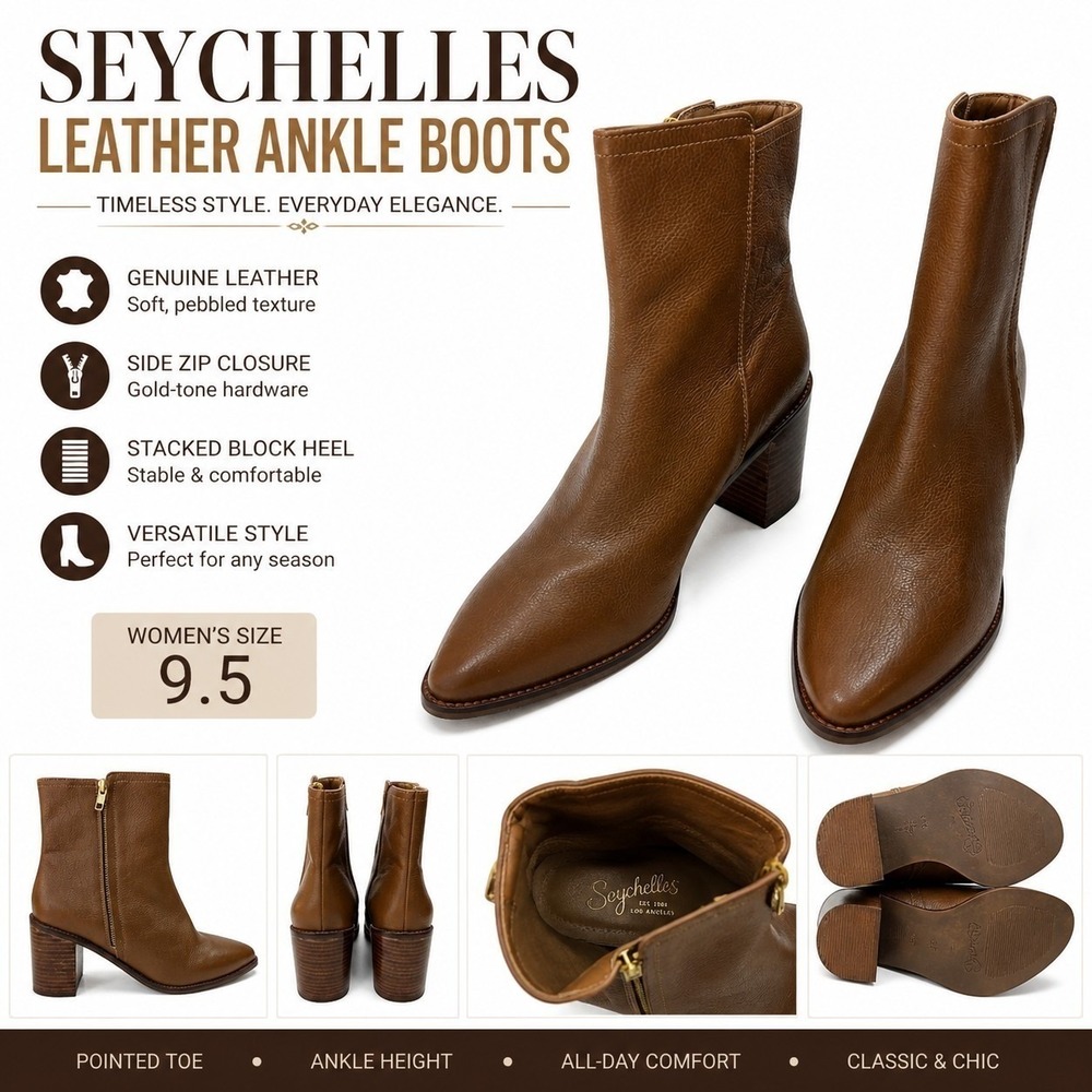 Seychelles Leather Ankle Boots Womens 9.5 Brown Block Heel Zip Booties...